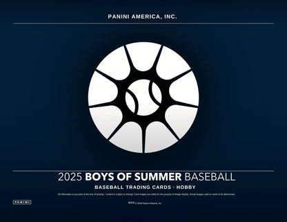 2025 Boys of Summer Baseball trading cards packaging with Panini America, Inc. branding on a dark blue background.