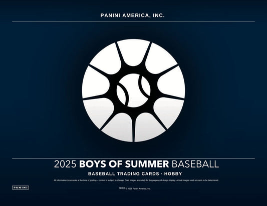 2025 Boys of Summer Baseball trading cards packaging with Panini America, Inc. branding on a dark blue background.