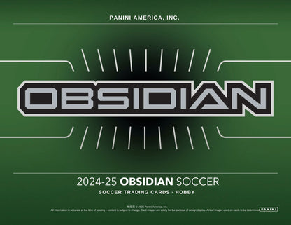 Obsidian soccer trading card packaging with Panini America, Inc. branding on a green background.