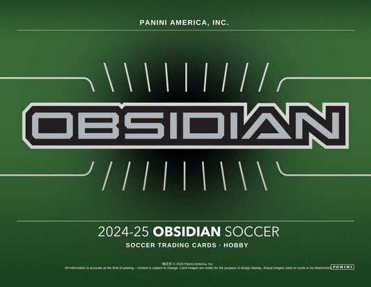 Obsidian soccer trading card packaging with Panini America, Inc. branding on a green background.