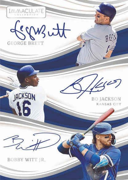 2026 Panini Immaculate Baseball George Brett, Bo Jackson, Bobby Witt Jr. Immaculate Triple Autographs Card