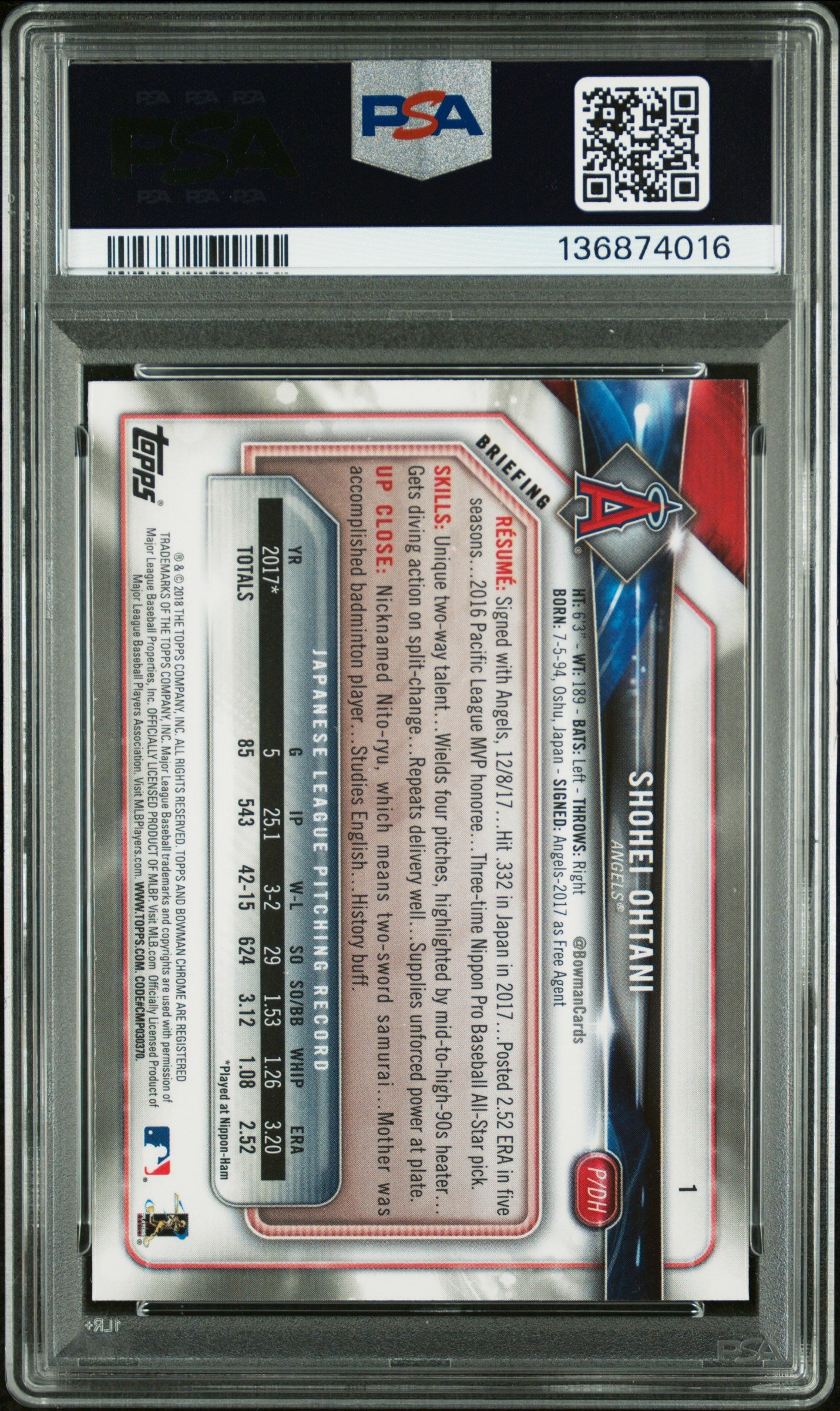Back of 2018 Bowman Chrome Shohei Ohtani #1 PSA 10