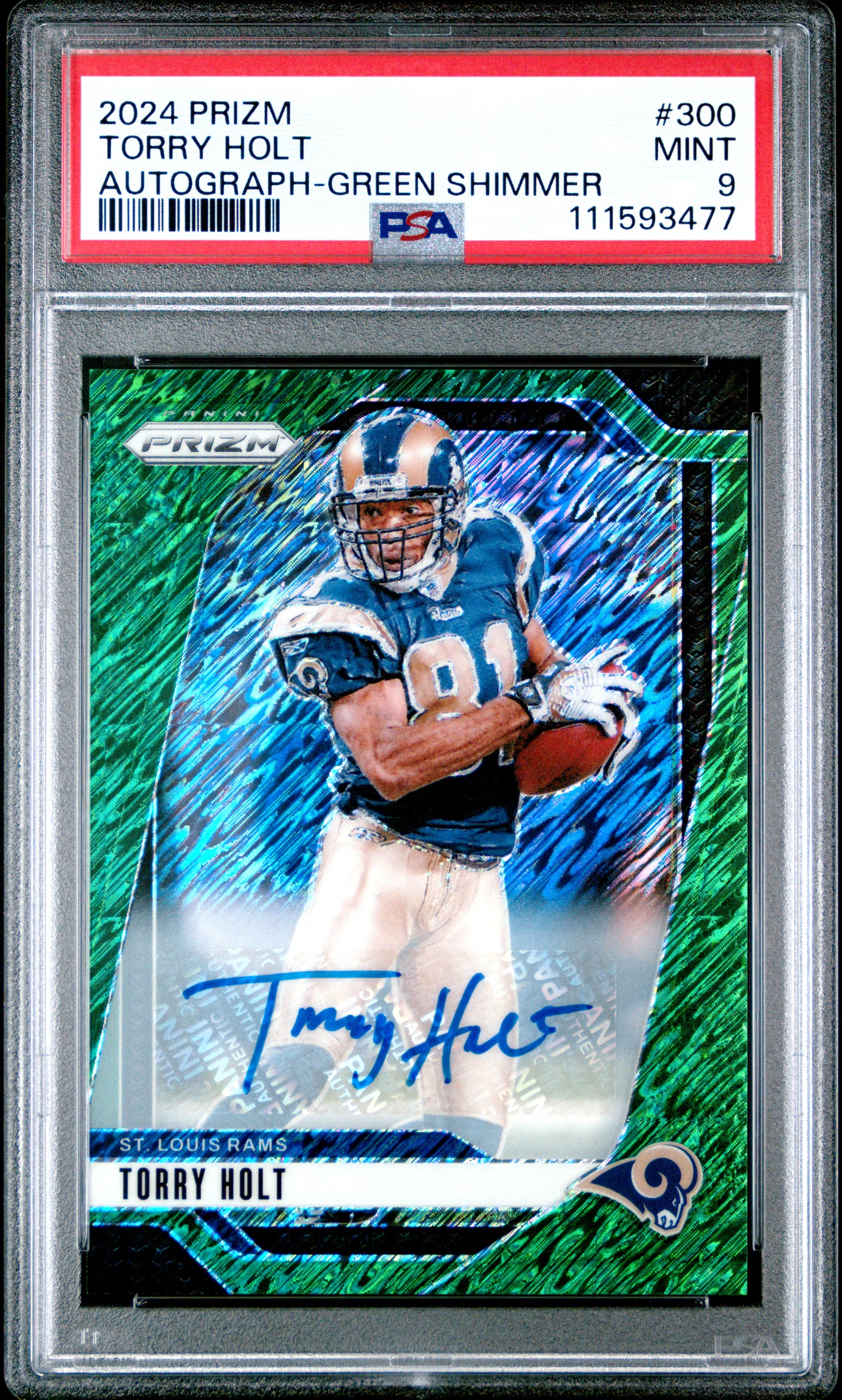 2024 Panini Prizm Autograph Green Shimmer /5 #300 Torry Holt PSA 9