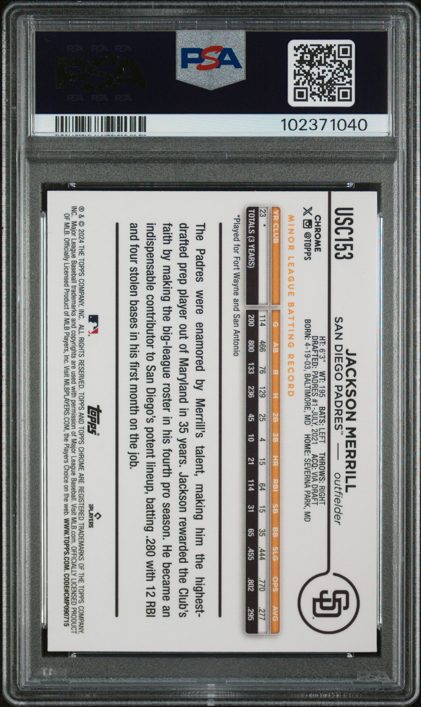 2024 Topps Chrome Update Aqua/Blue Lava Lamp /175 #USC153 Jackson Merrill PSA 9