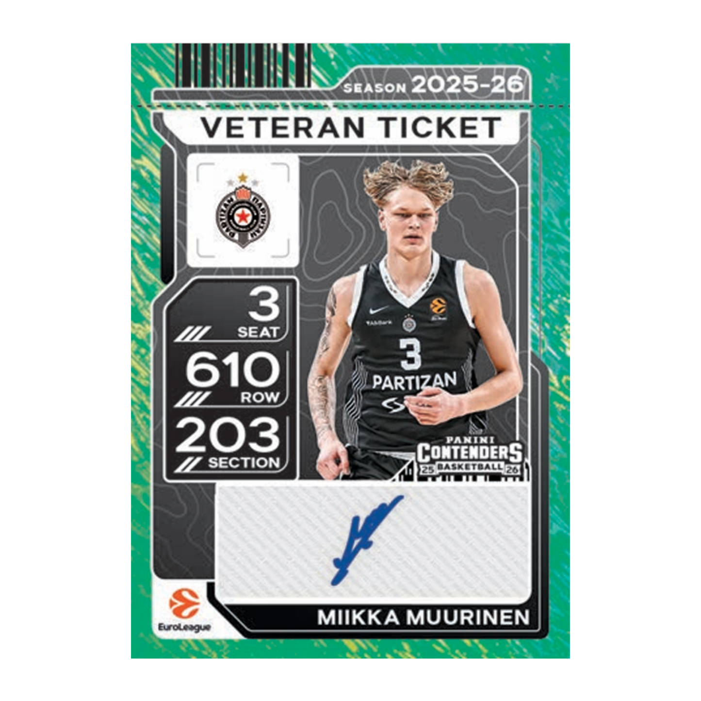 2025-26 Panini Contenders EuroLeague Green Shimmer Auto Miikka Muurinen