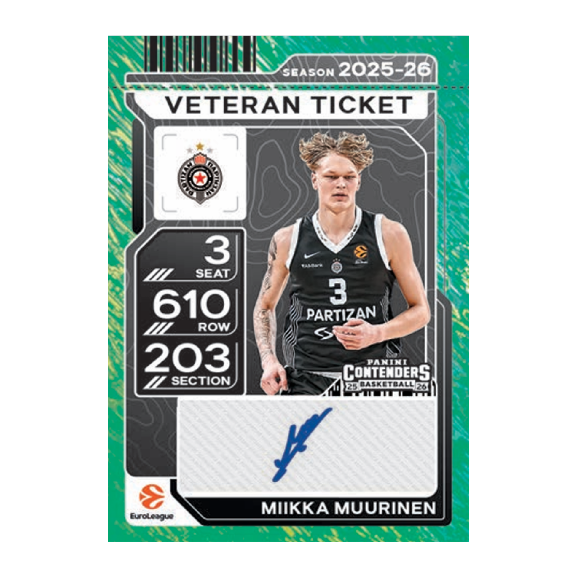 2025-26 Panini Contenders EuroLeague Green Shimmer Auto Miikka Muurinen