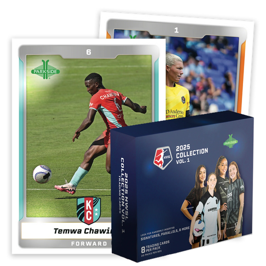 Soccer trading card pack with cards featuring athletes and a box for the 2025 NWSL collection vol 1 soccer hobby box.