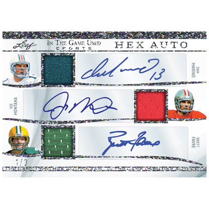 2025 Leaf In The Game Used Sports Hex Auto Dan Marino Joe Montana & Brett Favre