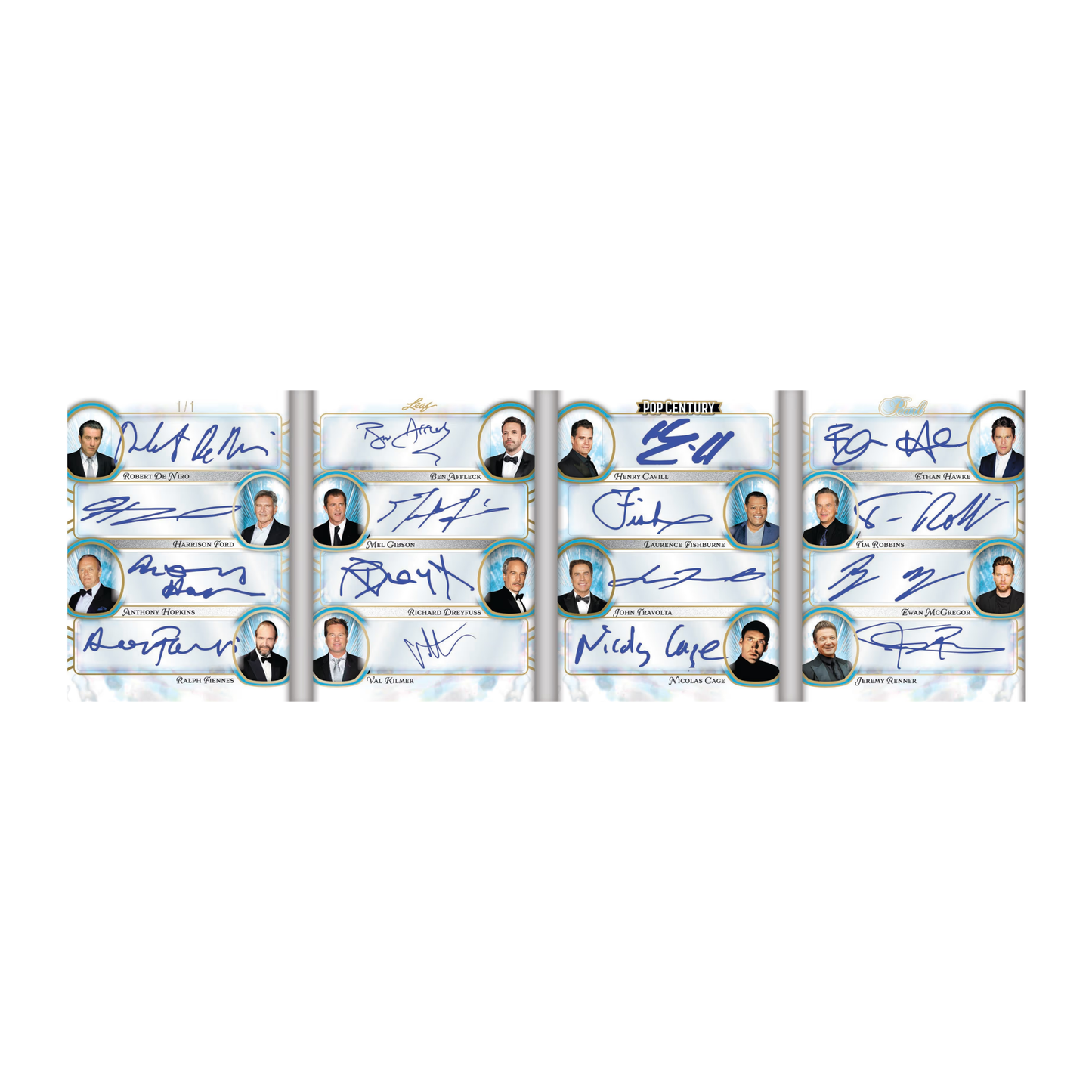 2026 Leaf Metal Pop Century Autograph Booklet Card of 16 stars, such as Robert De Niro, Harrison Ford, Anthony Hopkins, Mel Gibson, Lawrence Fishburne, John Travolta, and many more!