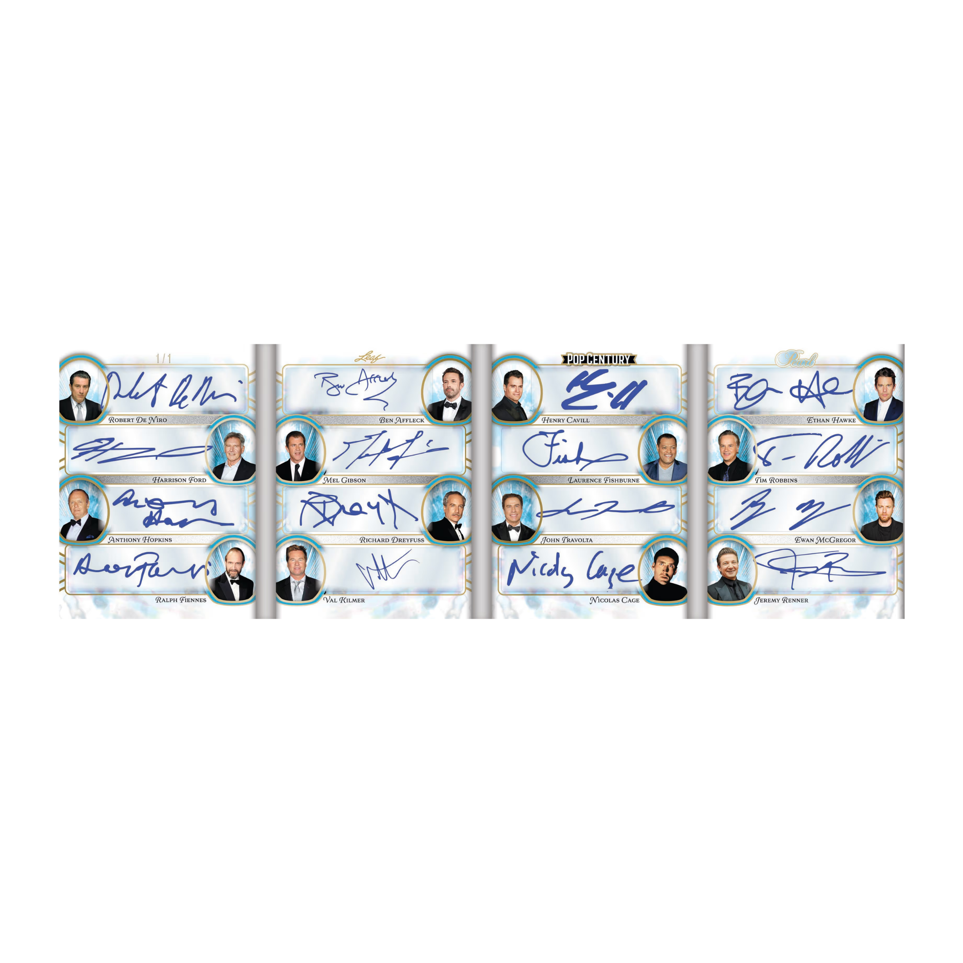 2026 Leaf Metal Pop Century Autograph Booklet Card of 16 stars, such as Robert De Niro, Harrison Ford, Anthony Hopkins, Mel Gibson, Lawrence Fishburne, John Travolta, and many more!