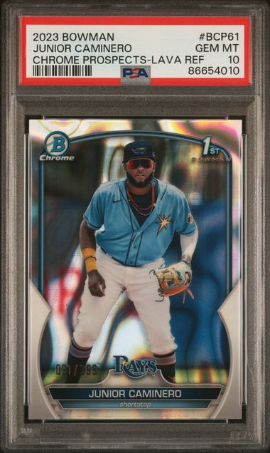 2023 Bowman Chrome Prospects-Lava Refractor /399 #BCP61 Junior Caminero PSA 10 - Front