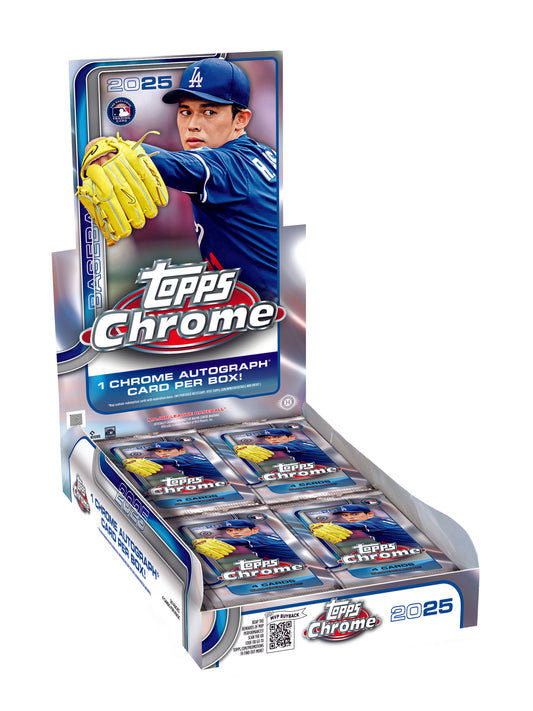 2025 Topps Chrome baseball Hobby Box with Roki Sasaki on a white background