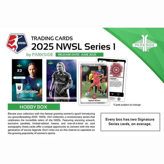 2025 NWSL NWSL Series 1 trading cards by Parkside with images of soccer players and text about the product.