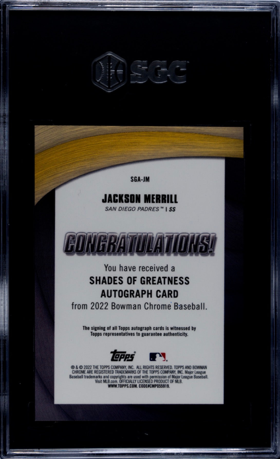 2022 Bowman Chrome Shades of Greatness Autograph /99 #SGA-JM Jackson Merrill SGC 10 / Auto 10 - Back