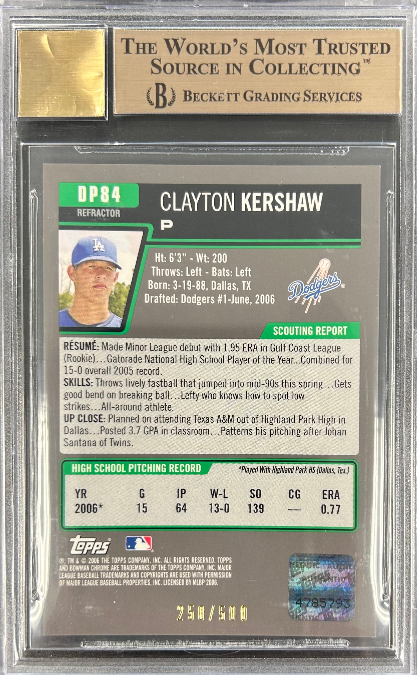 2006 Bowman Chrome Draft Draft Picks Refractor Autograph /500 #DP84 Clayton Kershaw BGS 9.5 / Auto 10