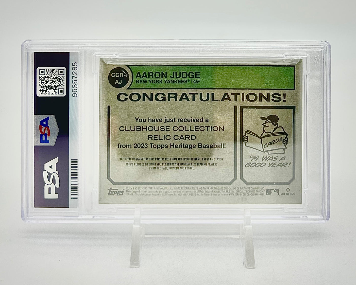 2023 Topps Heritage Clubhouse Collection Relic: #CCR-AJ Aaron Judge (PSA 9)