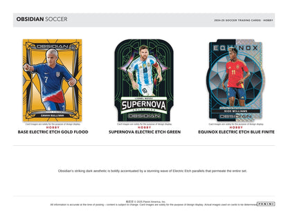 Three Panini Obsidian soccer trading cards displayed on a white background with branding and product details.