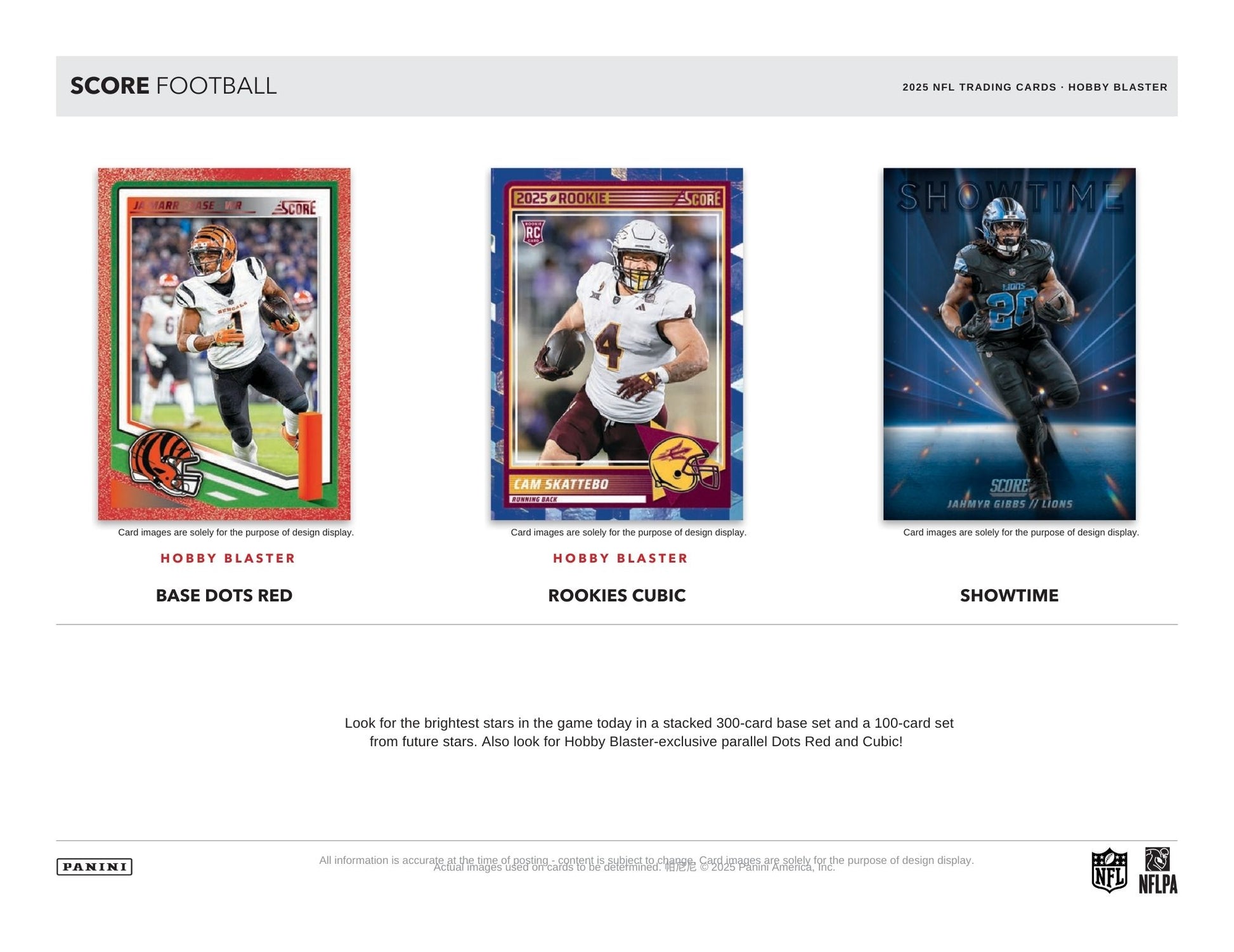 Three 2025 Panini Score Football Hobby Blaster trading cards displayed on a white background with text and branding.