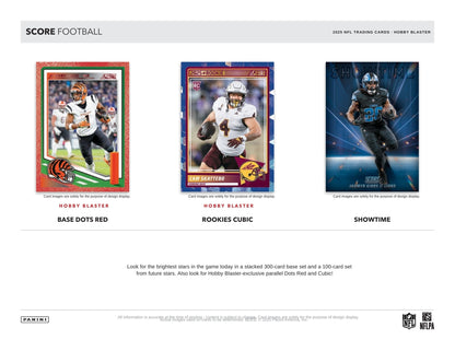 Three 2025 Panini Score Football Hobby Blaster trading cards displayed on a white background with text and branding.