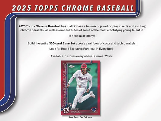 Promotional image for 2025 Topps Chrome Baseball trading card set with a player card and text.