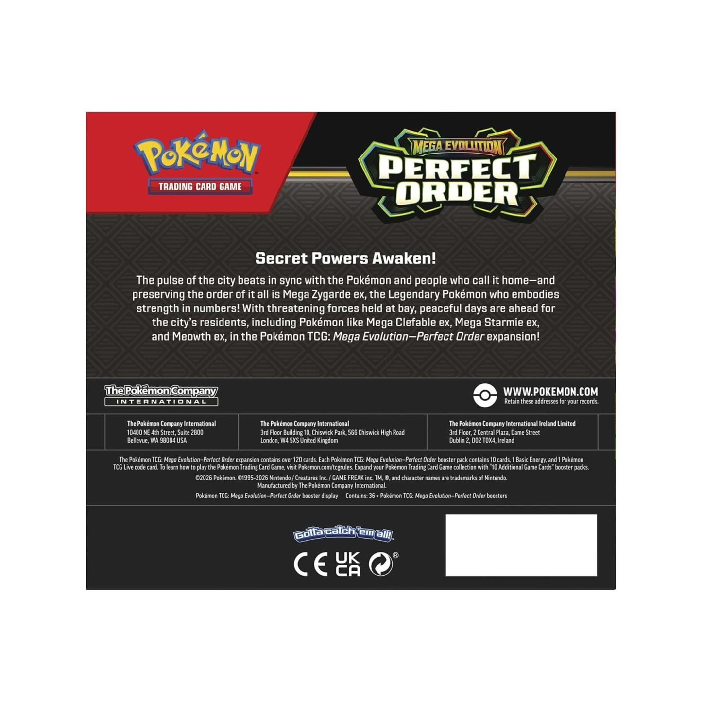 Back of Pokémon Mega Evolution Perfect Order Booster Box