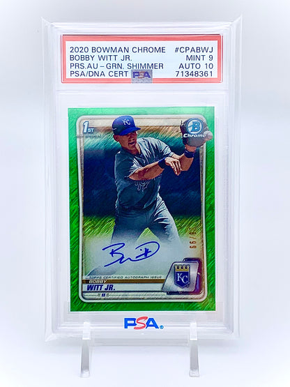 2020 Bowman Chrome Prospect Autograph Green Shimmer 26/99: #CPABWJ Bobby Witt Jr. (PSA 9 / Auto 10)