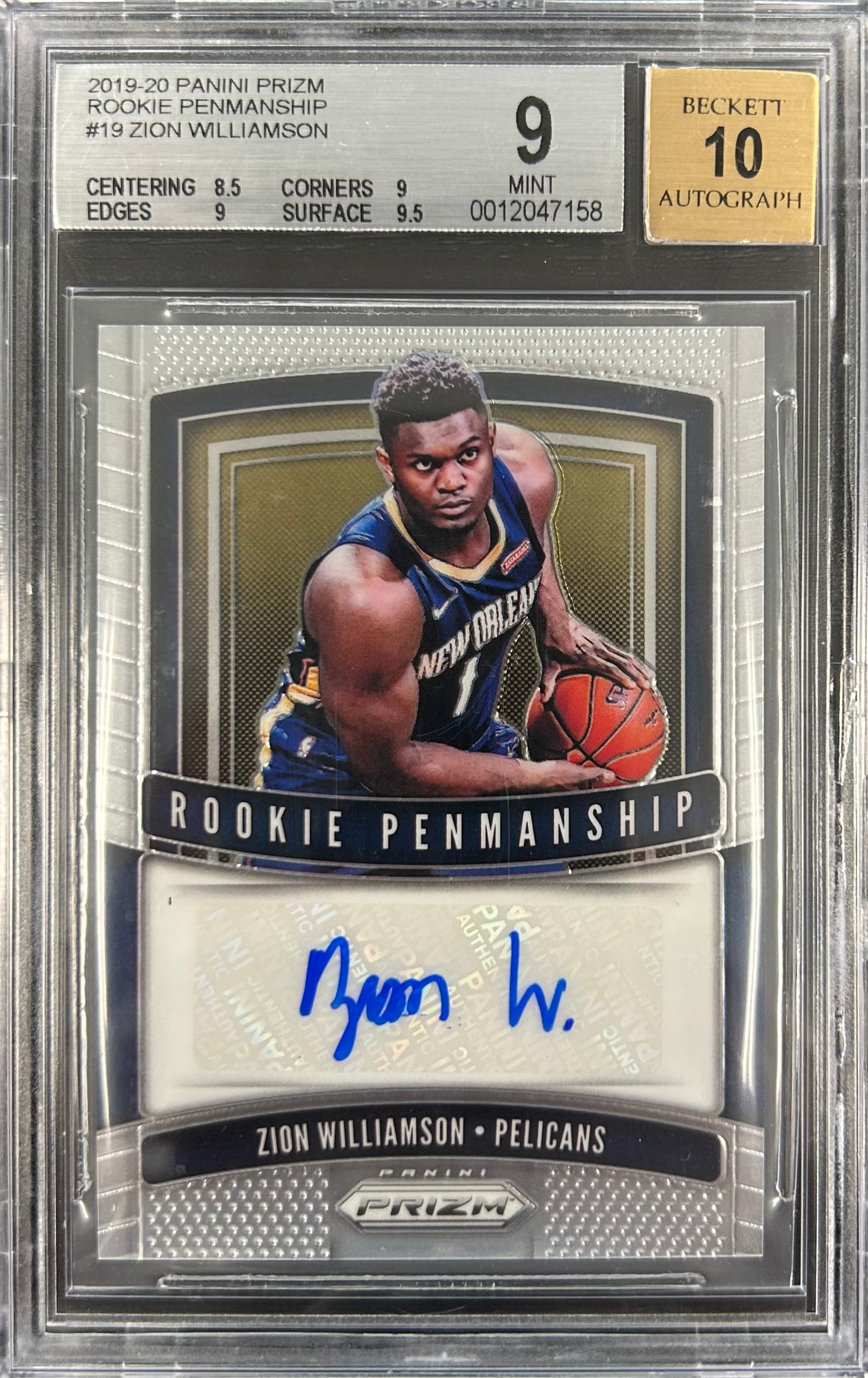 2019-20 Panini Prizm Rookie Penmanship #19 Zion Williamson BGS 9 / Auto 10