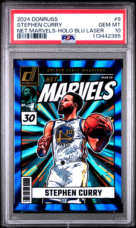 2024 Panini Donruss Net Marvels Holo Blue Laser /49 Stephen Curry #9 PSA 10