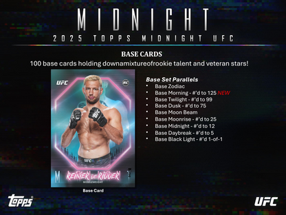 Promotional image of a UFC trading card featuring a fighter, with text about the 2025 Topps Midnight UFC series.
