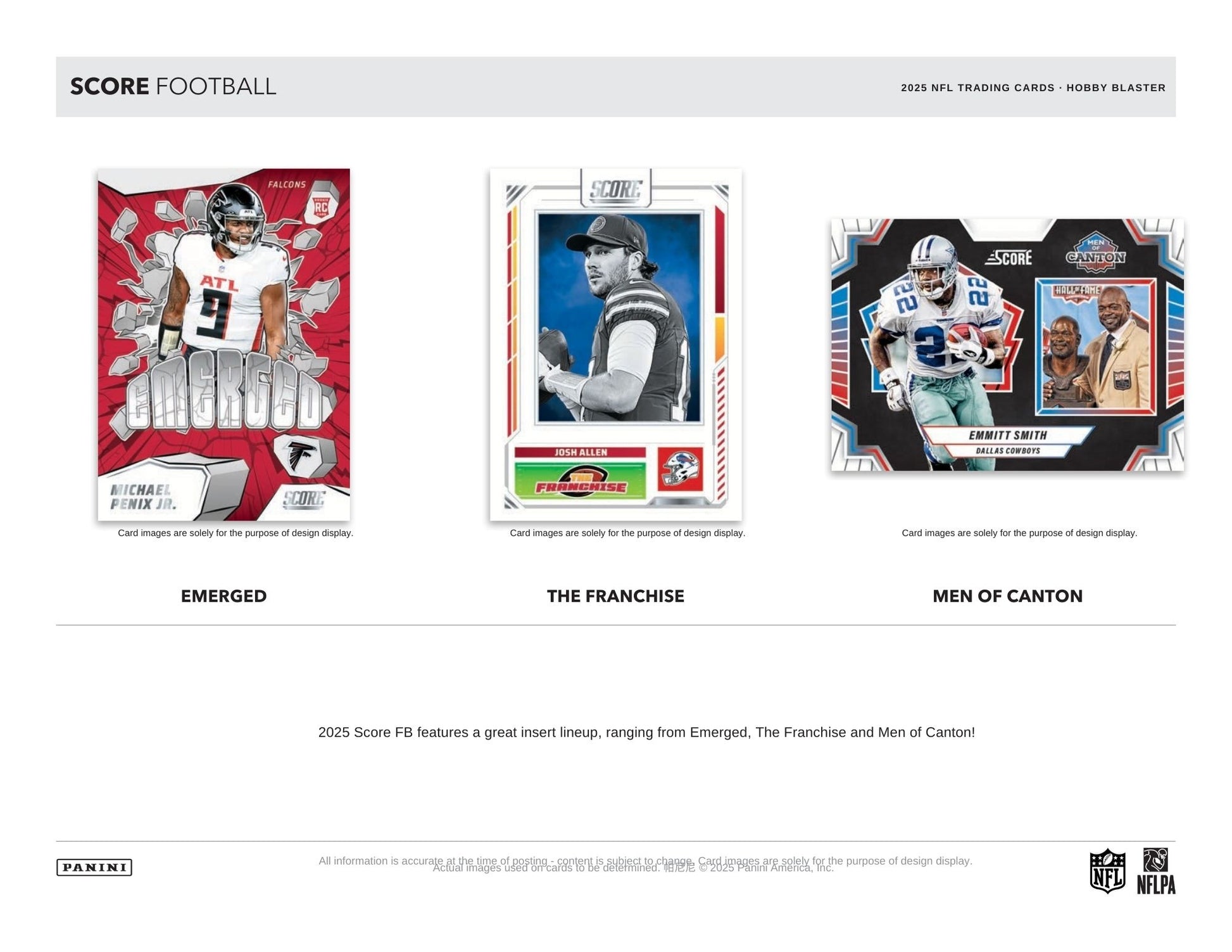 Three football trading card from 2025 Panini Score Football Hobby Blaster Box with player images and text on a white background.