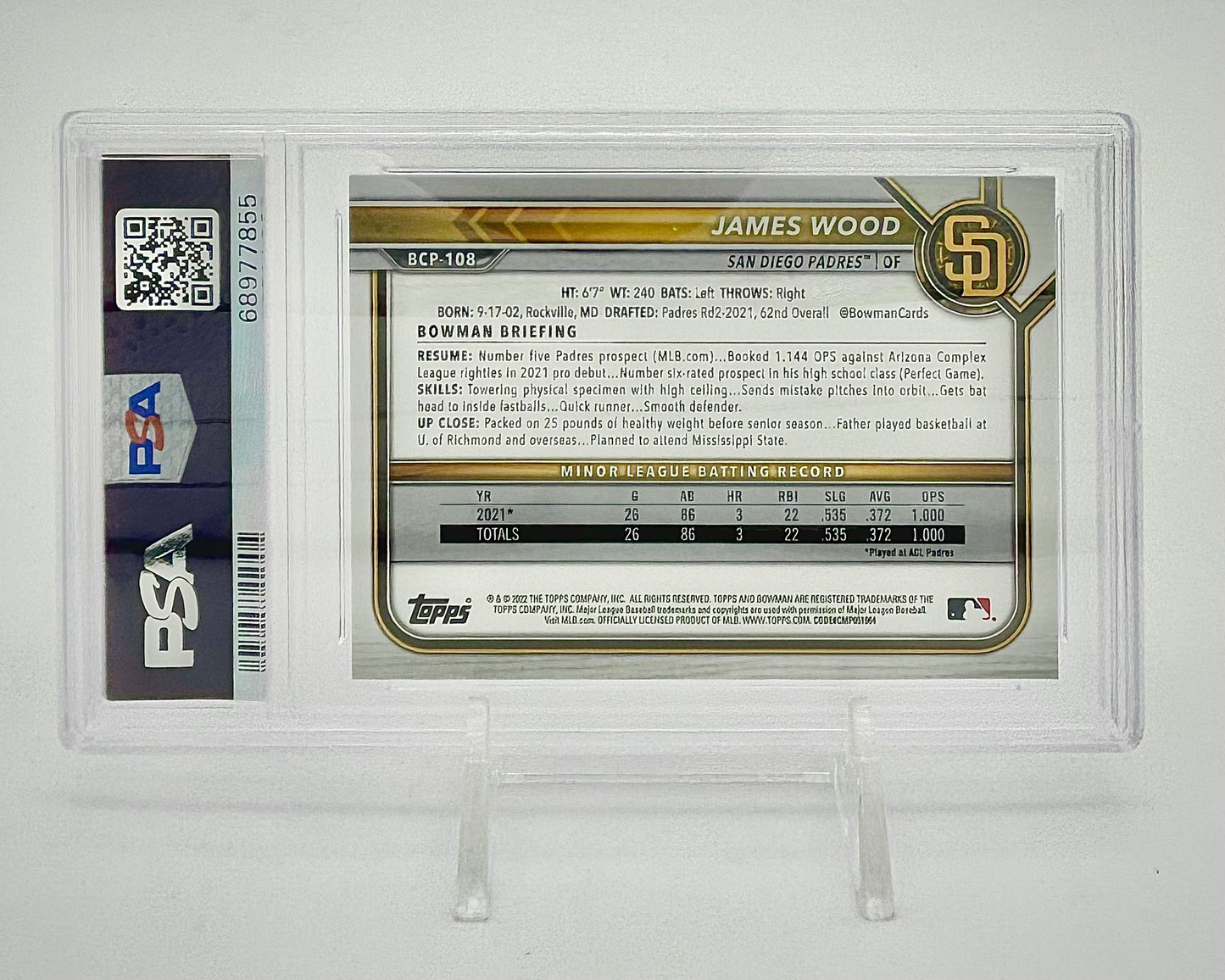 2022 Bowman Sapphire Edition Chrome Prospects James Wood #BCP108 PSA 10