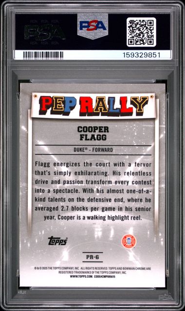 2024 Bowman Chrome University Pep Rally #PR6 Cooper Flagg PSA 10 - Back
