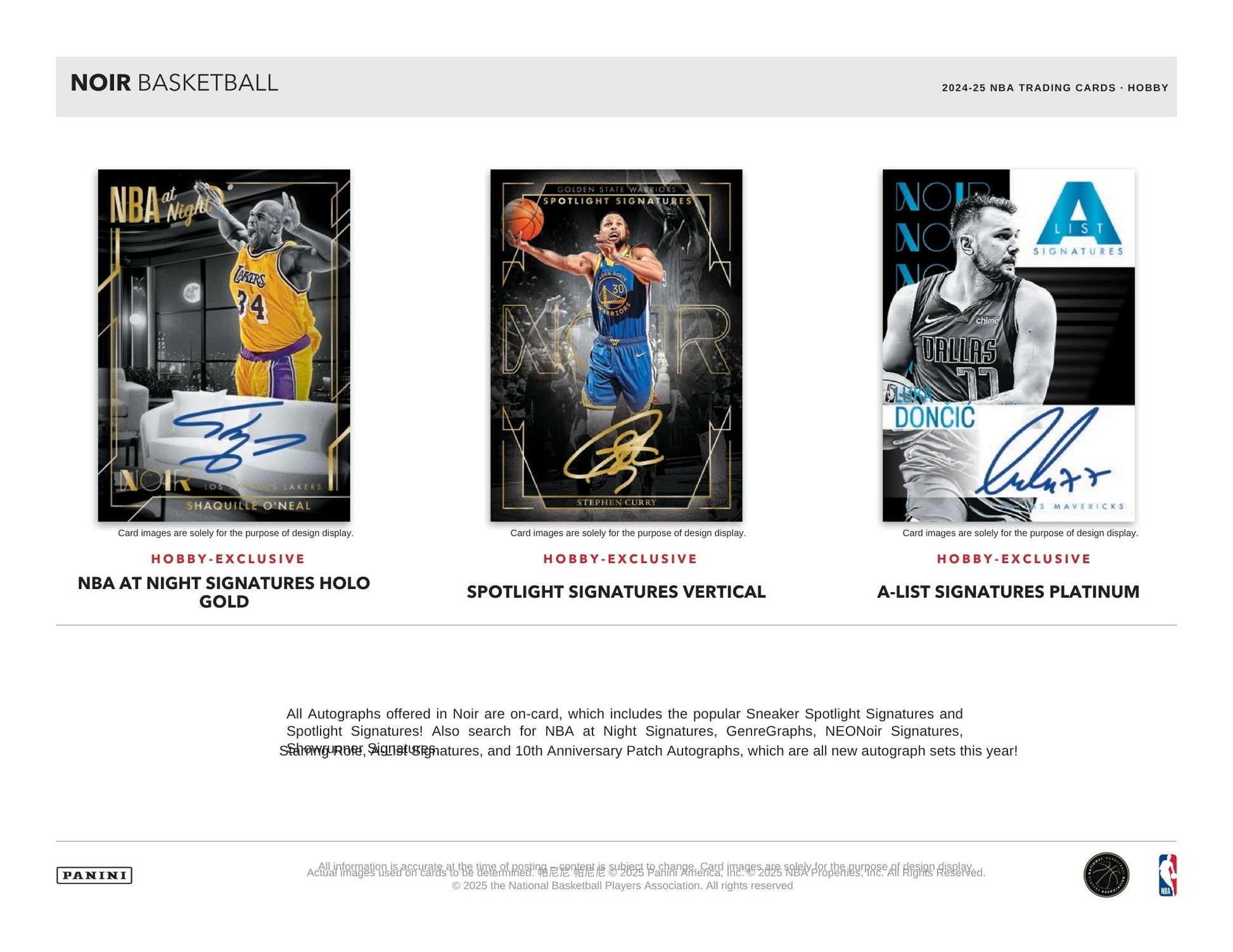 Panini Noir Basketball trading card display with three cards featuring different players and autographs.