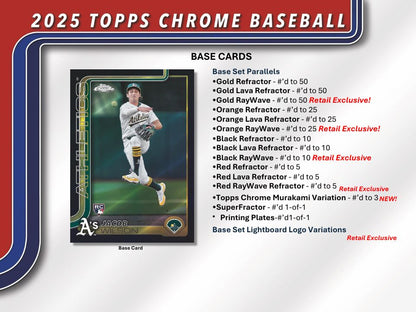 Baseball trading card with player image and 2025 Topps Chrome Baseball card details.