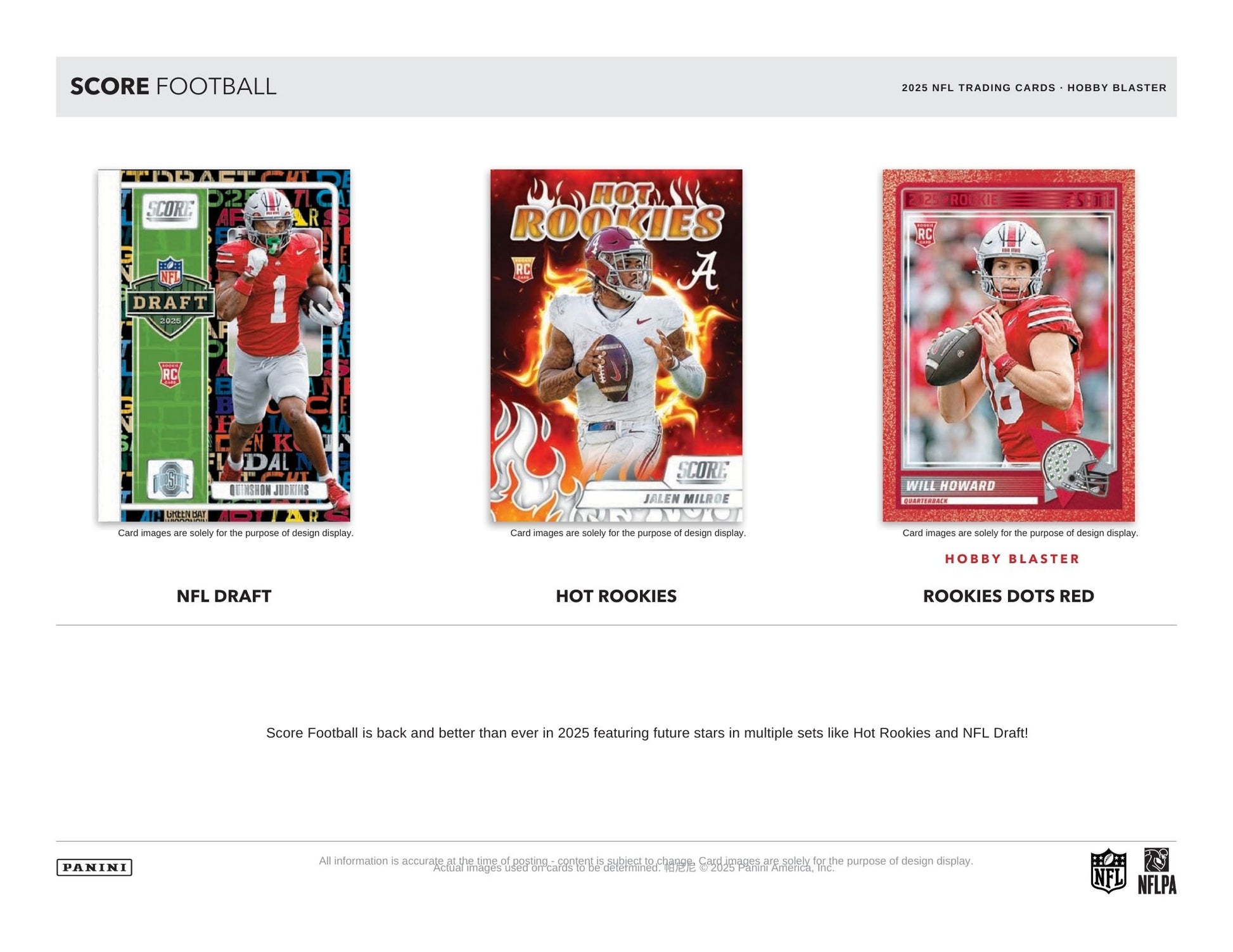 Three football trading card from 2025 Panini Score Football Hobby Blaster Box displayed on a white background with 'Score Football' branding.
