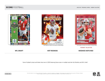 Three football trading card from 2025 Panini Score Football Hobby Blaster Box displayed on a white background with 'Score Football' branding.