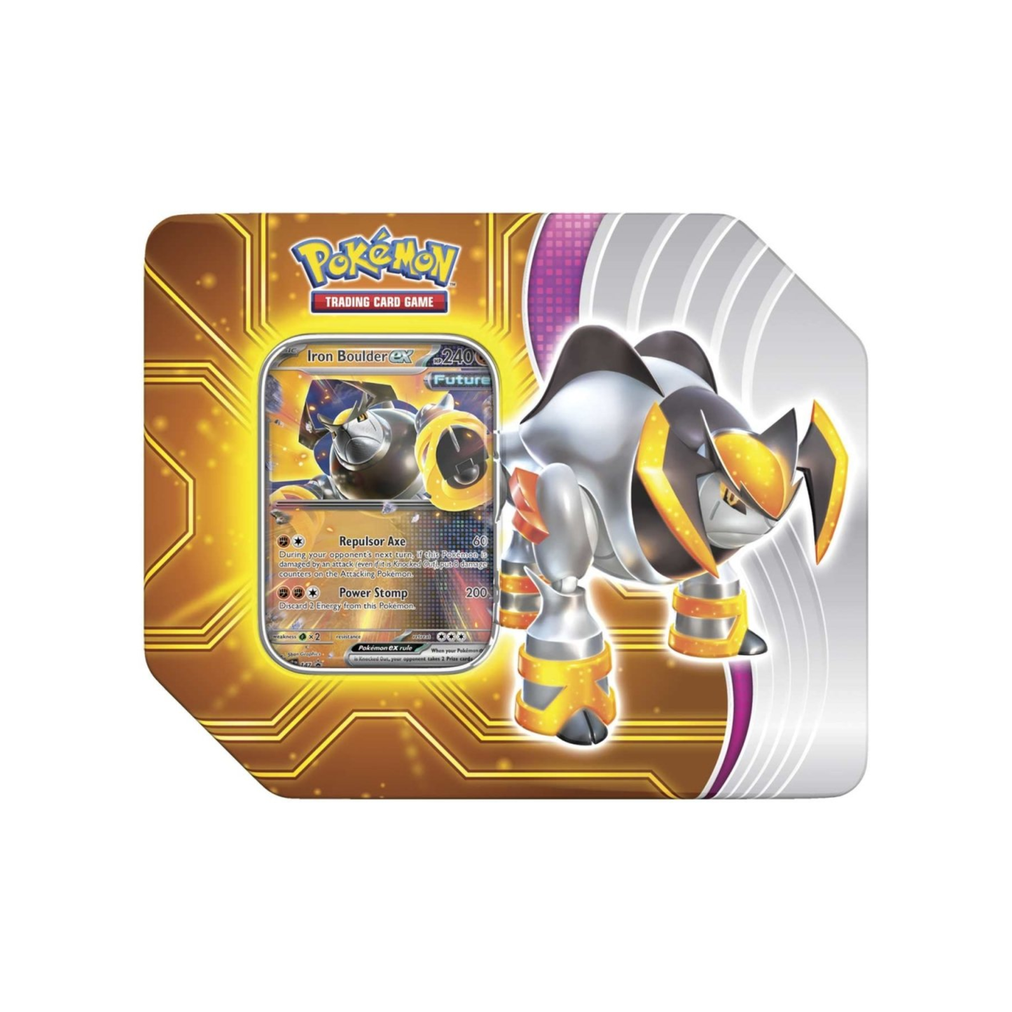 Pokémon Paradox Destinies Tin with Iron Boulder ex cover