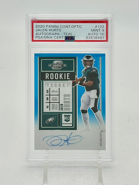2020 Panini Contenders Optic Rookie Ticket Autograph Teal /99 Jalen Hurts #122 PSA 9 / Auto 10