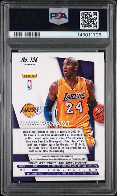 2014 Panini Prizm Blue & Green Mosaic Prizm #136 Kobe Bryant PSA 10 - Back