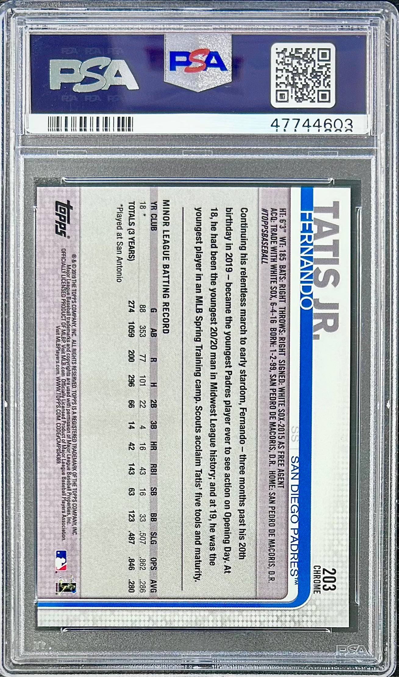 2019 Topps Chrome #203 Fernando Tatis Jr. PSA 9