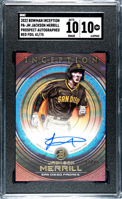 2022 Bowman Inception Prospect Autograph Red Foil /75 #PA-JM Jackson Merrill SGC 10 / Auto 10 - Front