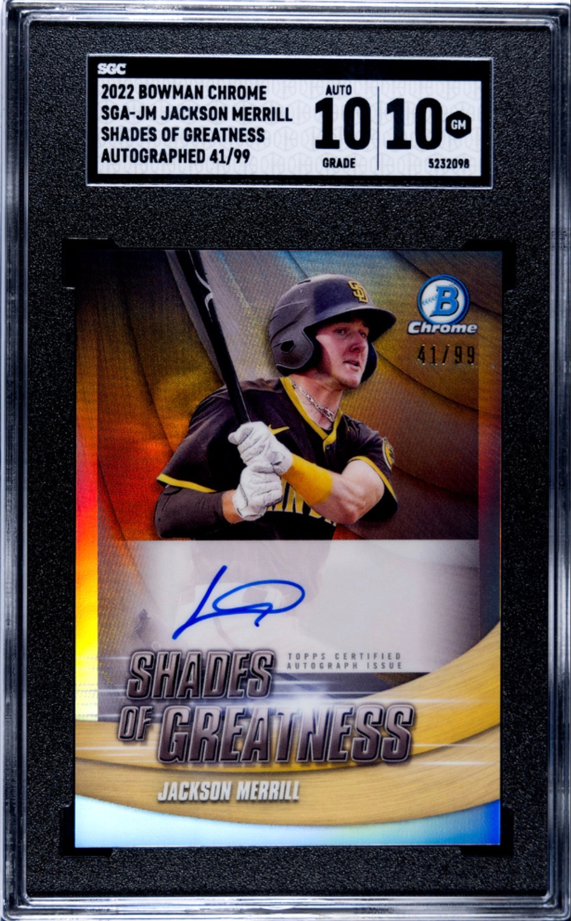 2022 Bowman Chrome Shades of Greatness Autograph /99 #SGA-JM Jackson Merrill SGC 10 / Auto 10 - Front