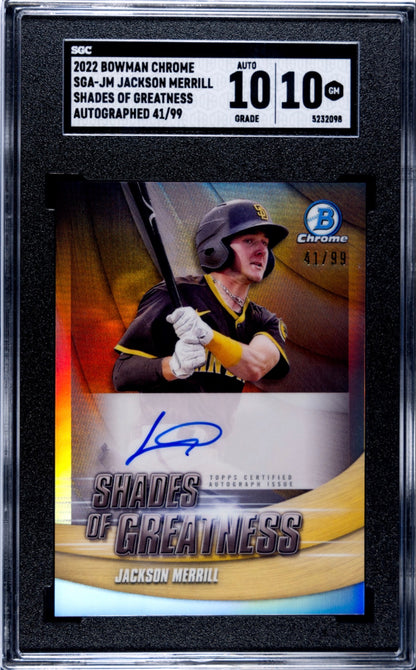 2022 Bowman Chrome Shades of Greatness Autograph /99 #SGA-JM Jackson Merrill SGC 10 / Auto 10 - Front