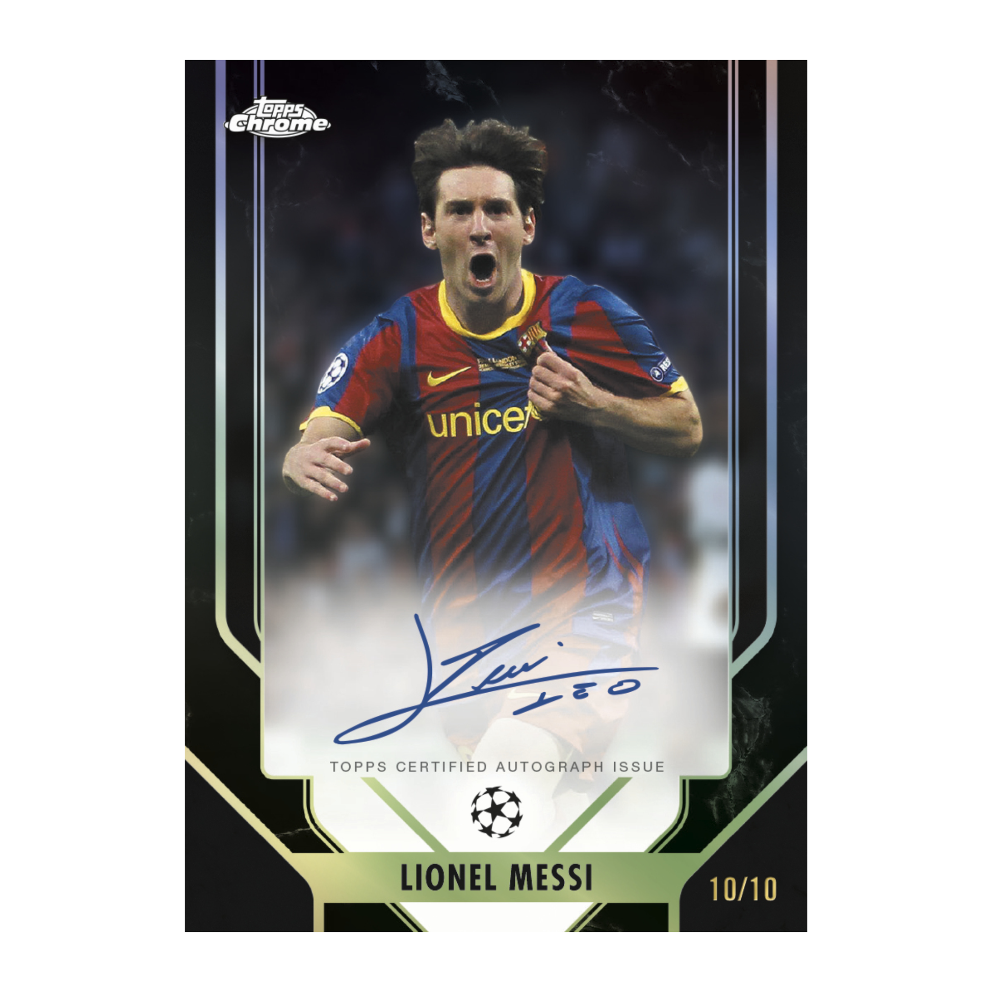 2025-26 Topps Chrome UEFA Club Competition Soccer Lionel Messi autograph card