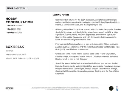 2024-25 Panini Noir Basketball trading card product description with hobby configuration details.
