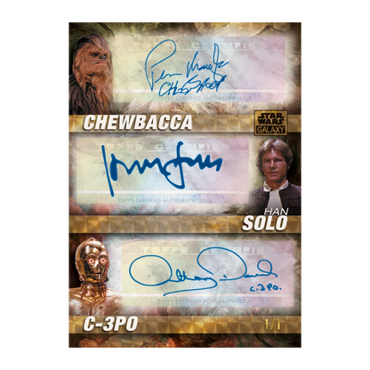 2026 Topps Star Wars Chrome Galaxy Triple Autograph Chewbacca, Han Solo, and C-3PO