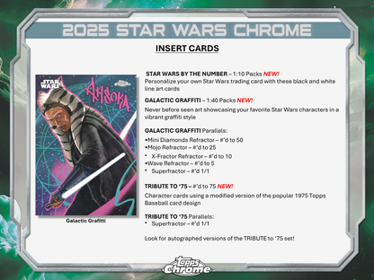 2025 Star Wars Chrome trading card insert with character illustration and promotional text.
