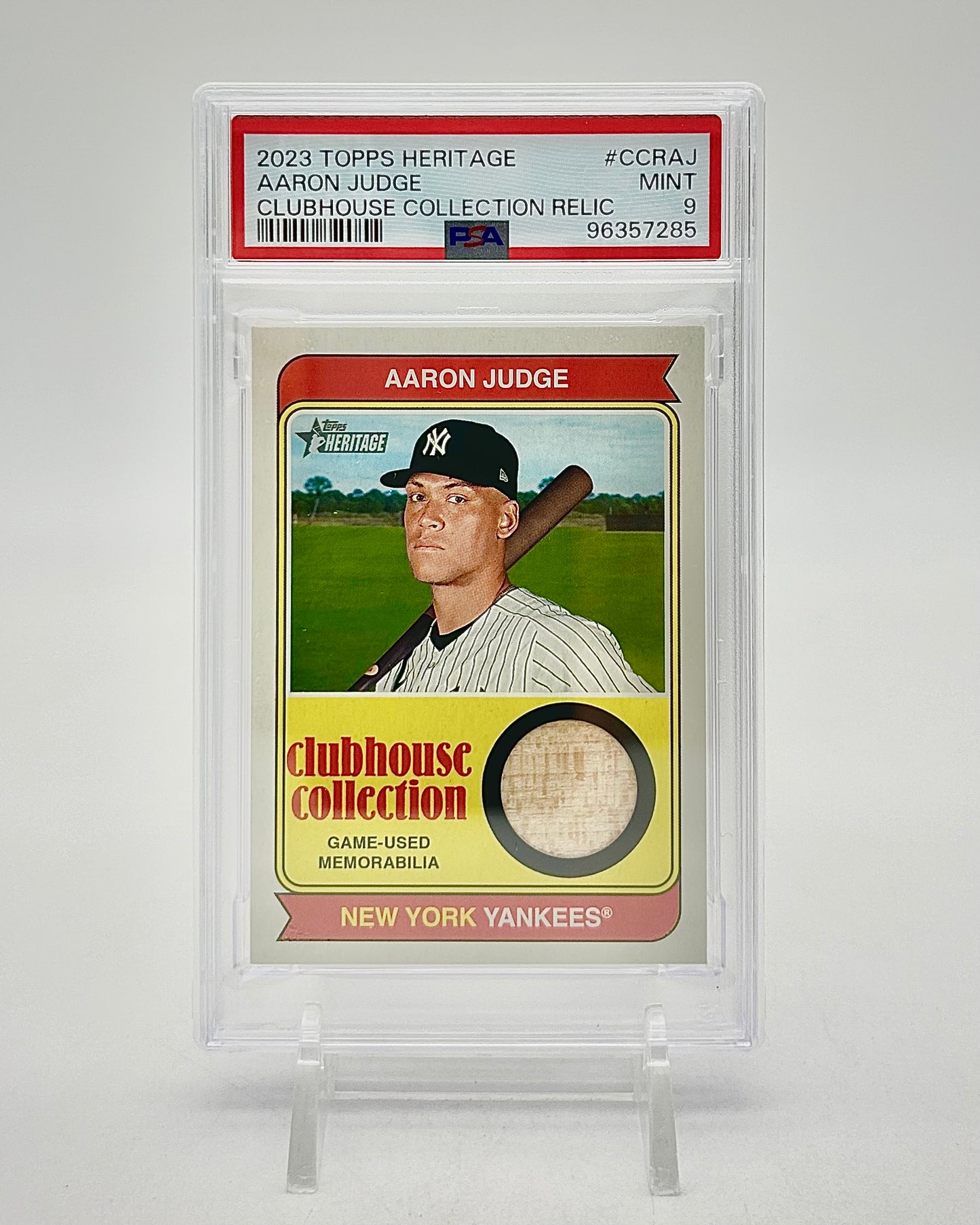 2023 Topps Heritage Clubhouse Collection Relic: #CCR-AJ Aaron Judge (PSA 9)