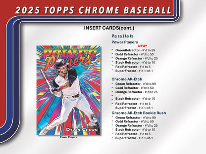 2025 Topps Chrome Baseball card featuring a player with colorful design and text details.