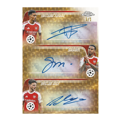 2025-26 Topps Chrome UEFA Club Competition Soccer Triple Autographs William Saliba, Gabriel, and Declan Rice